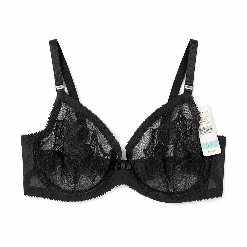 Natori Cherry Blossom Black Floral Lace Mesh Underwire Bra 728191 32C NEW Sexy